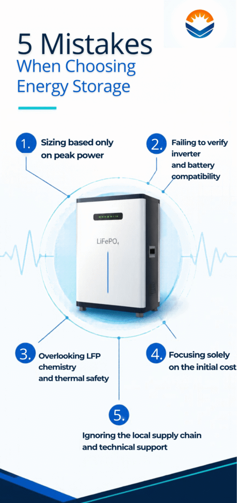 Infographic from a C&I energy storage manufacturer on 5 mistakes when selecting LiFePO4 battery systems.