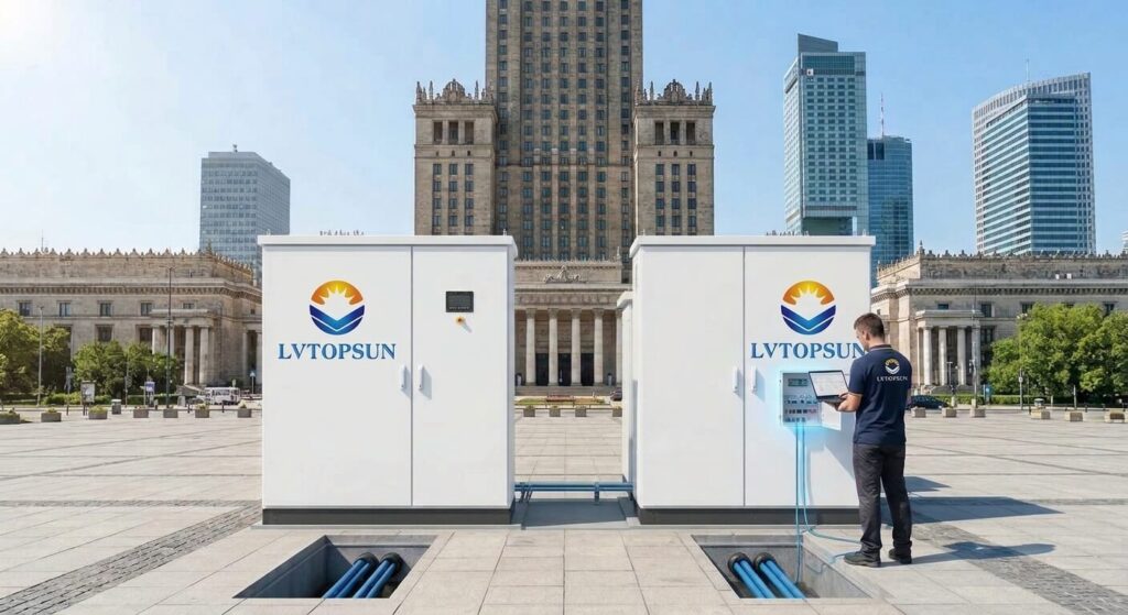 Photorealistic image displaying LVTOPSUN C&I (Commercial & Industrial) energy storage systems in a B2B setup: a branded battery cabinet paired with a commercial hybrid inverter, illustrating solutions for European EPC contractors and solar installers.