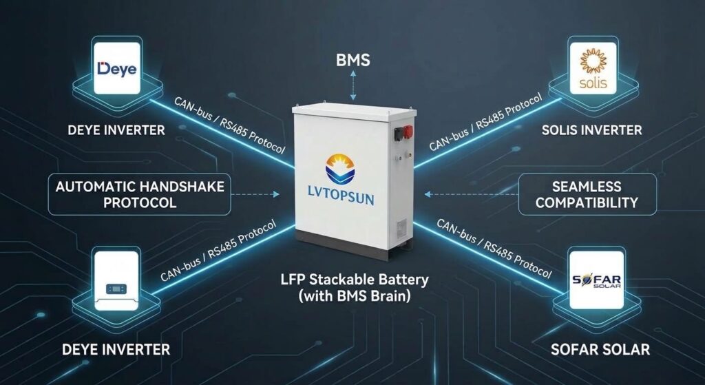 Technical infographic diagram illustrating seamless LVTOPSUN BMS compatibility with Deye, Solis, and Sofar Solar inverters, detailing automatic protocol synchronization (handshake) via CAN-bus and RS485 connections.